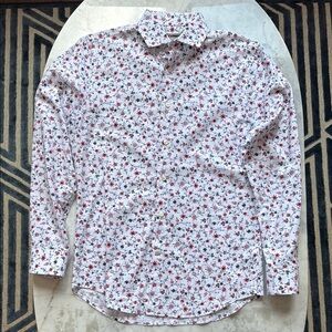Express White and Red Floral Casual Button Down Shirt